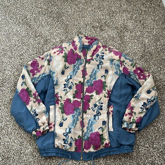 Vintage 90s Hunt Club Silk Floral Windbreaker Zipper Jacket Medium - Picture 9 of 13